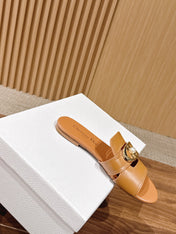 DIOR 26S WIDE STRAP SLIDE SANDALS IN CARAMEL BROWN CALFSKIN PEARL GOLD BUCKLE