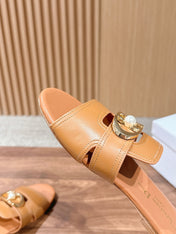 DIOR 26S WIDE STRAP SLIDE SANDALS IN CARAMEL BROWN CALFSKIN PEARL GOLD BUCKLE