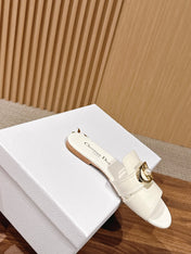 DIOR 26S WIDE STRAP SLIDE SANDALS IN WHITE CALFSKIN PEARL GOLD BUCKLE