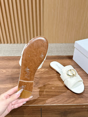 DIOR 26S WIDE STRAP SLIDE SANDALS IN WHITE CALFSKIN PEARL GOLD BUCKLE