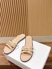 DIOR 26S MULTI STRAP SLIDE SANDALS IN BEIGE CALFSKIN GOLD BUCKLE