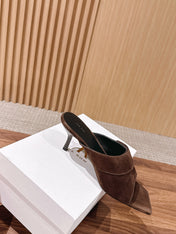 THE ROW 26S BUTTON DETAIL MULE SANDALS IN BROWN SUEDE
