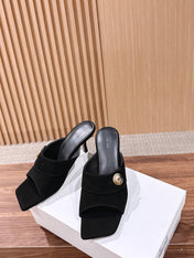 THE ROW 26S BUTTON DETAIL MULE SANDALS IN BLACK SUEDE