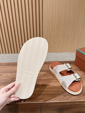 LP 26S DOUBLE BUCKLE SLIDES IN LIGHT GREY SUEDE GOLD HARDWARE