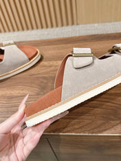 LP 26S DOUBLE BUCKLE SLIDES IN LIGHT GREY SUEDE GOLD HARDWARE