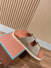 LP 26S DOUBLE BUCKLE SLIDES IN OLIVE BROWN SUEDE GOLD HARDWARE
