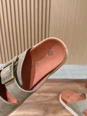 LP 26S DOUBLE BUCKLE SLIDES IN OLIVE BROWN SUEDE GOLD HARDWARE