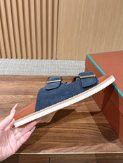 LP 26S DOUBLE BUCKLE SLIDES IN NAVY BLUE SUEDE GOLD HARDWARE