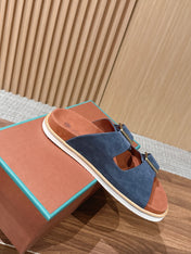 LP 26S DOUBLE BUCKLE SLIDES IN NAVY BLUE SUEDE GOLD HARDWARE