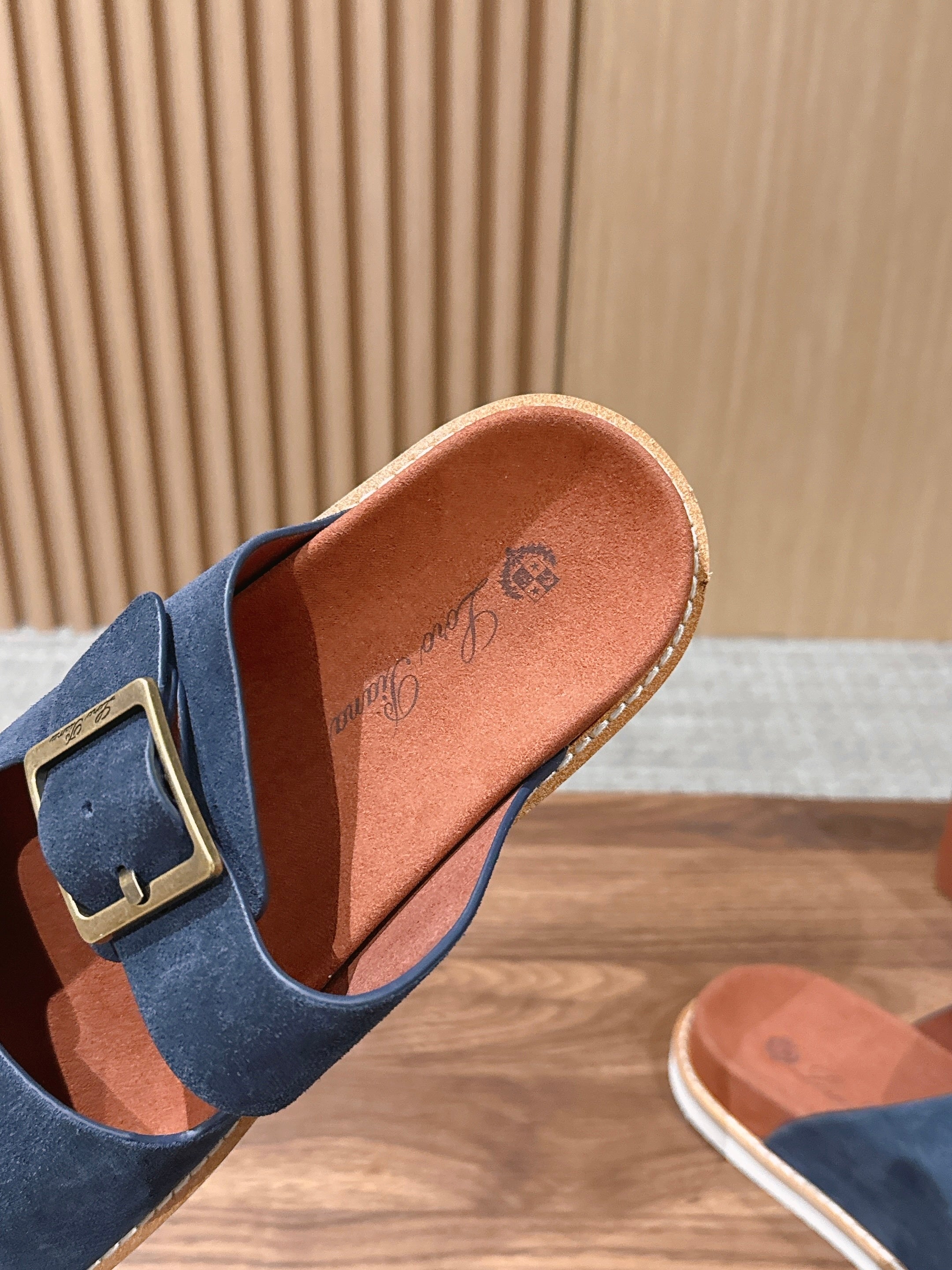 LP 26S DOUBLE BUCKLE SLIDES IN NAVY BLUE SUEDE GOLD HARDWARE