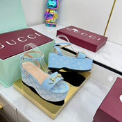 GG WEDGE HEELS IN BLUE FABRIC AND CALFSKIN WITH GOLD HARDWARE STYLE 4