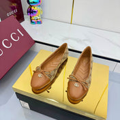 GG BALLET FLATS 25S IN BROWN LAMBSKIN MIX BEIGE CANVAS WITH BOW