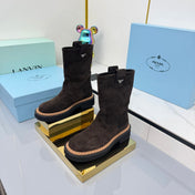 PRADA 25S HIGH MARTIN BOOTS 50MM IN DARK BROWN SUEDE