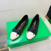 CHANEL 26S FLAT SHOES IN TEAL AND BLACK LEOPARD PRINT PONY HAIR