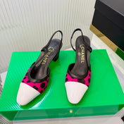 CHANEL 26S HIGH-HEEL SLINGBACKS 50 MM IN WHITE PATENT CALFSKIN WITH DARK PINK PONY HAIR