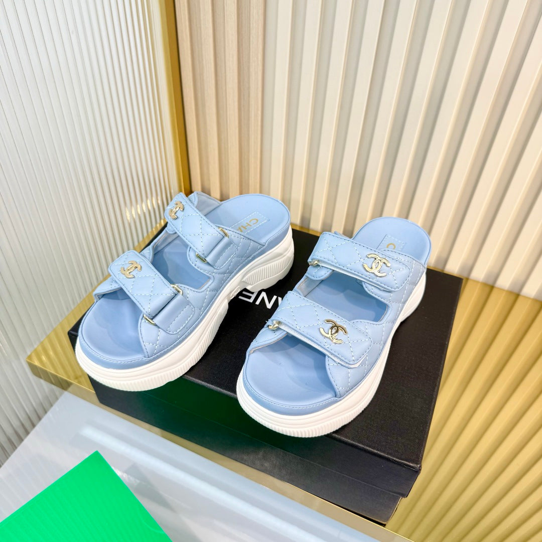 CHANEL 26S PLATFORM SANDALS IN LIGHT BLUE LAMBSKIN