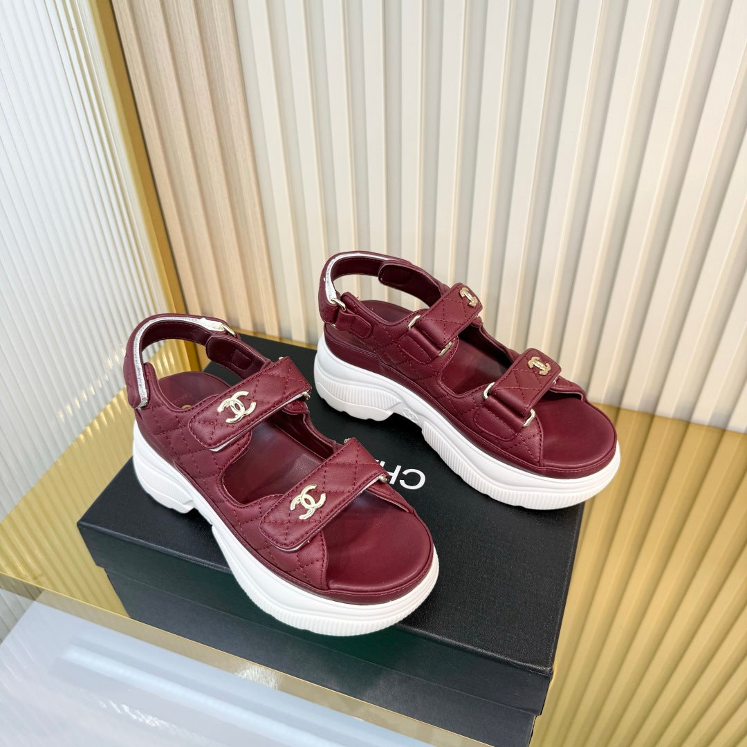 CHANEL 26S PLATFORM VELCRO SANDALS IN DARK RED LAMBSKIN