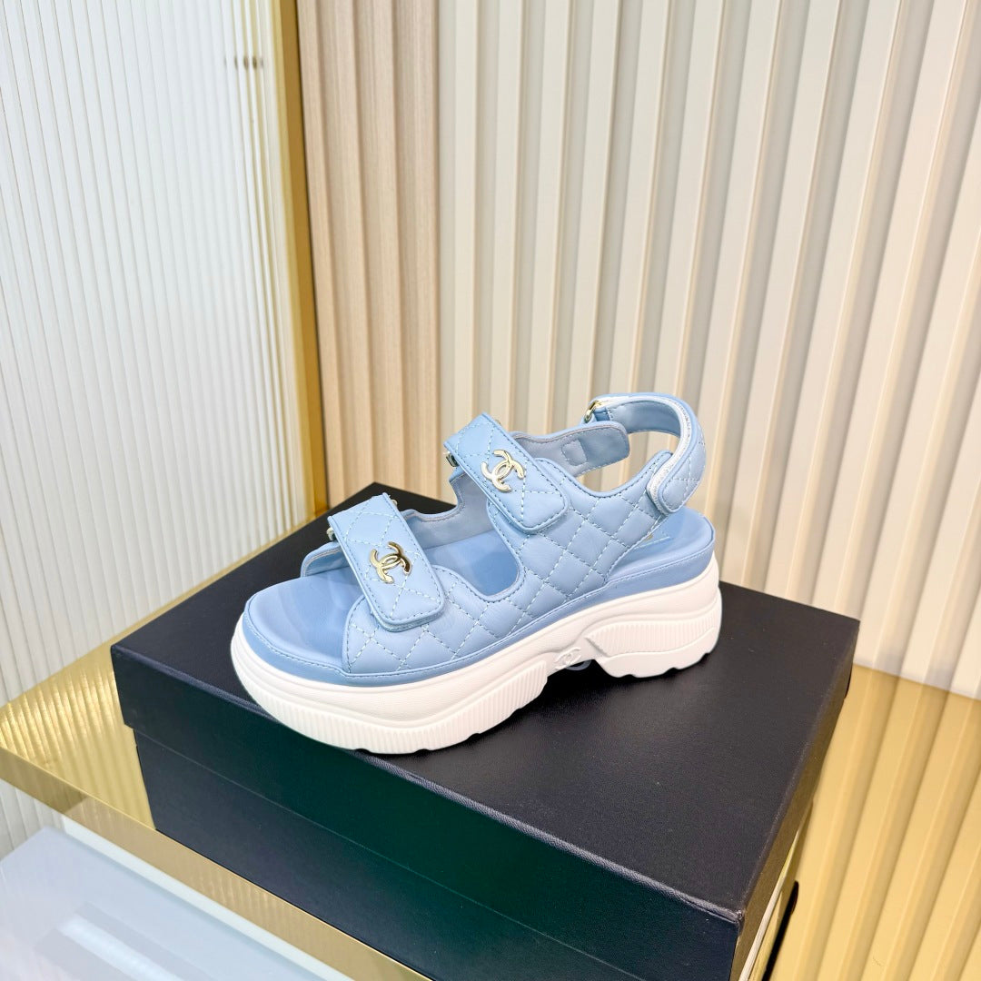 CHANEL 26S PLATFORM VELCRO SANDALS IN LIGHT BLUE LAMBSKIN