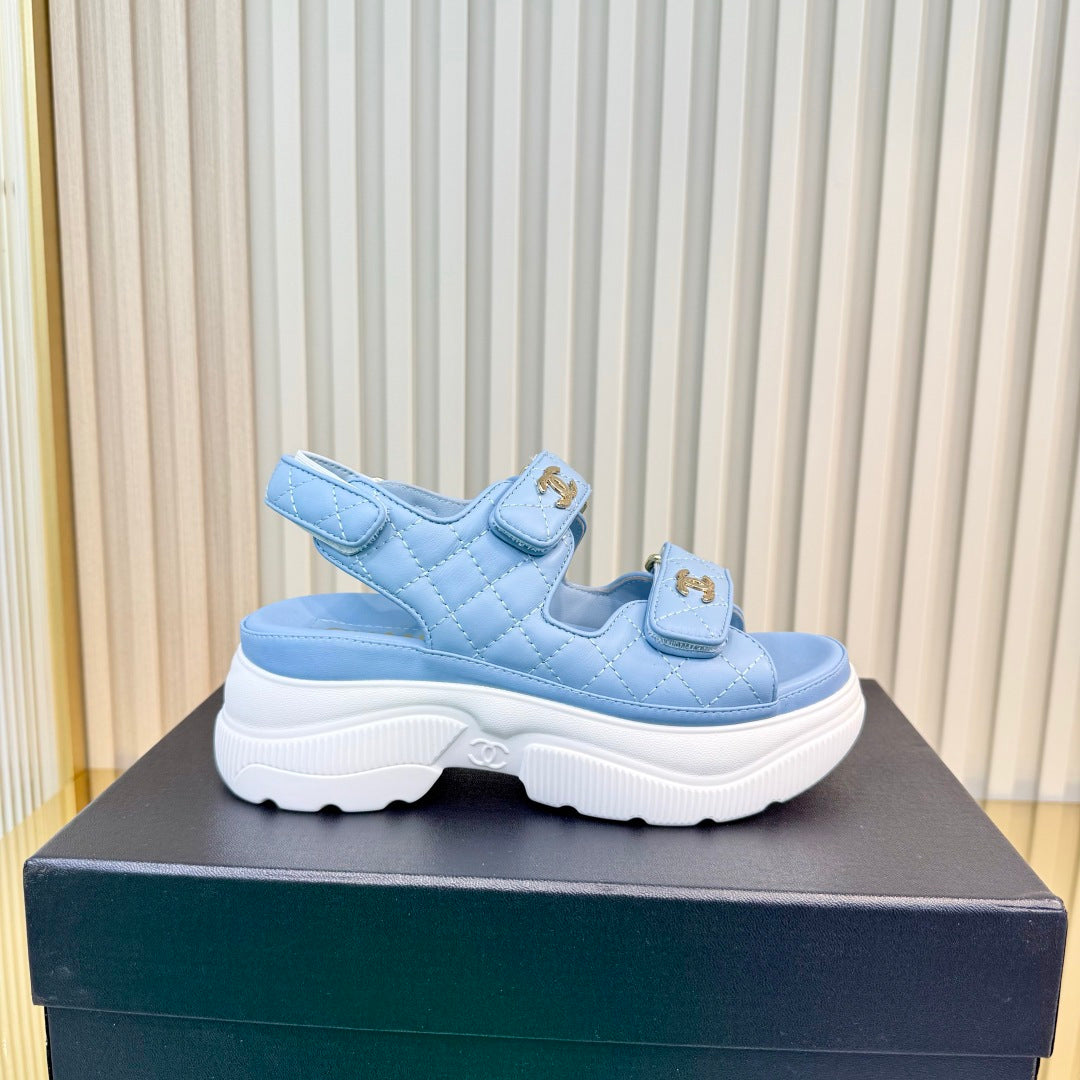 CHANEL 26S PLATFORM VELCRO SANDALS IN LIGHT BLUE LAMBSKIN