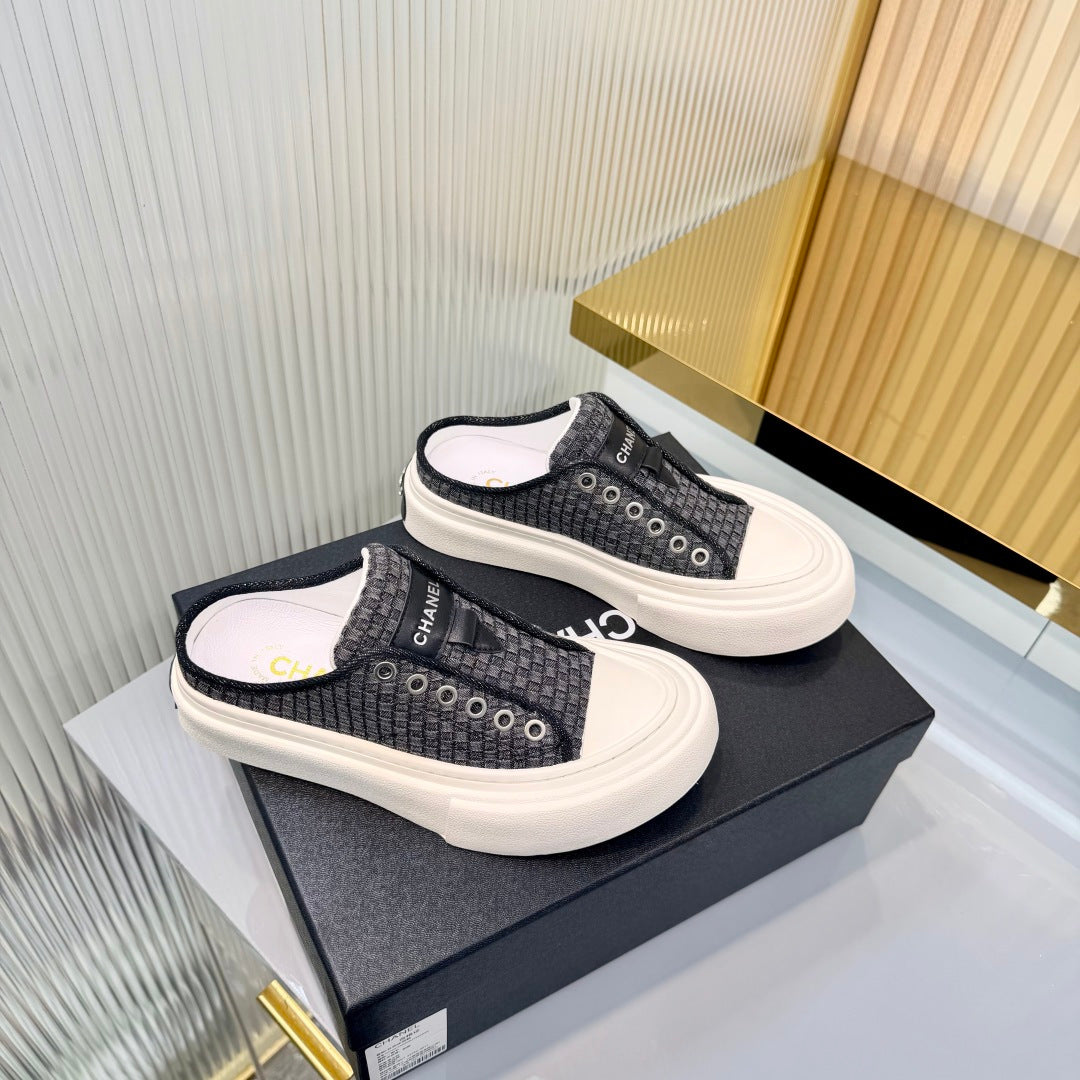 CHANEL 26S MULE SNEAKERS IN BLACK CHECKERED WOVEN DENIM FABRIC STYLE 5