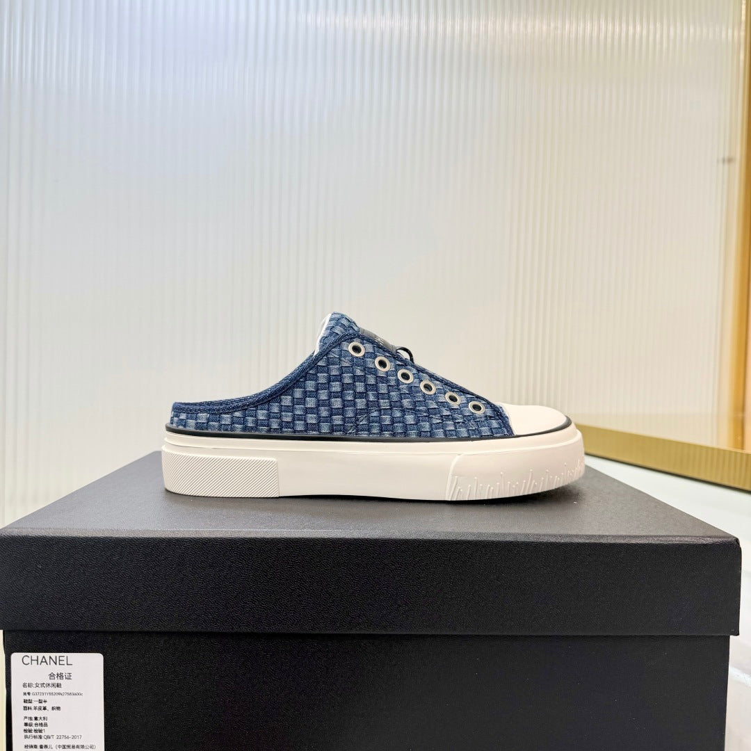 CHANEL 26S MULE SNEAKERS IN NAVY BLUE CHECKERED WOVEN DENIM FABRIC