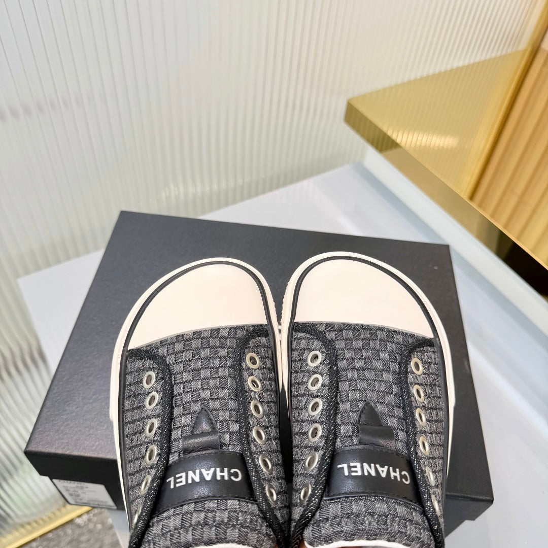 CHANEL 26S MULE SNEAKERS IN BLACK CHECKERED WOVEN DENIM FABRIC