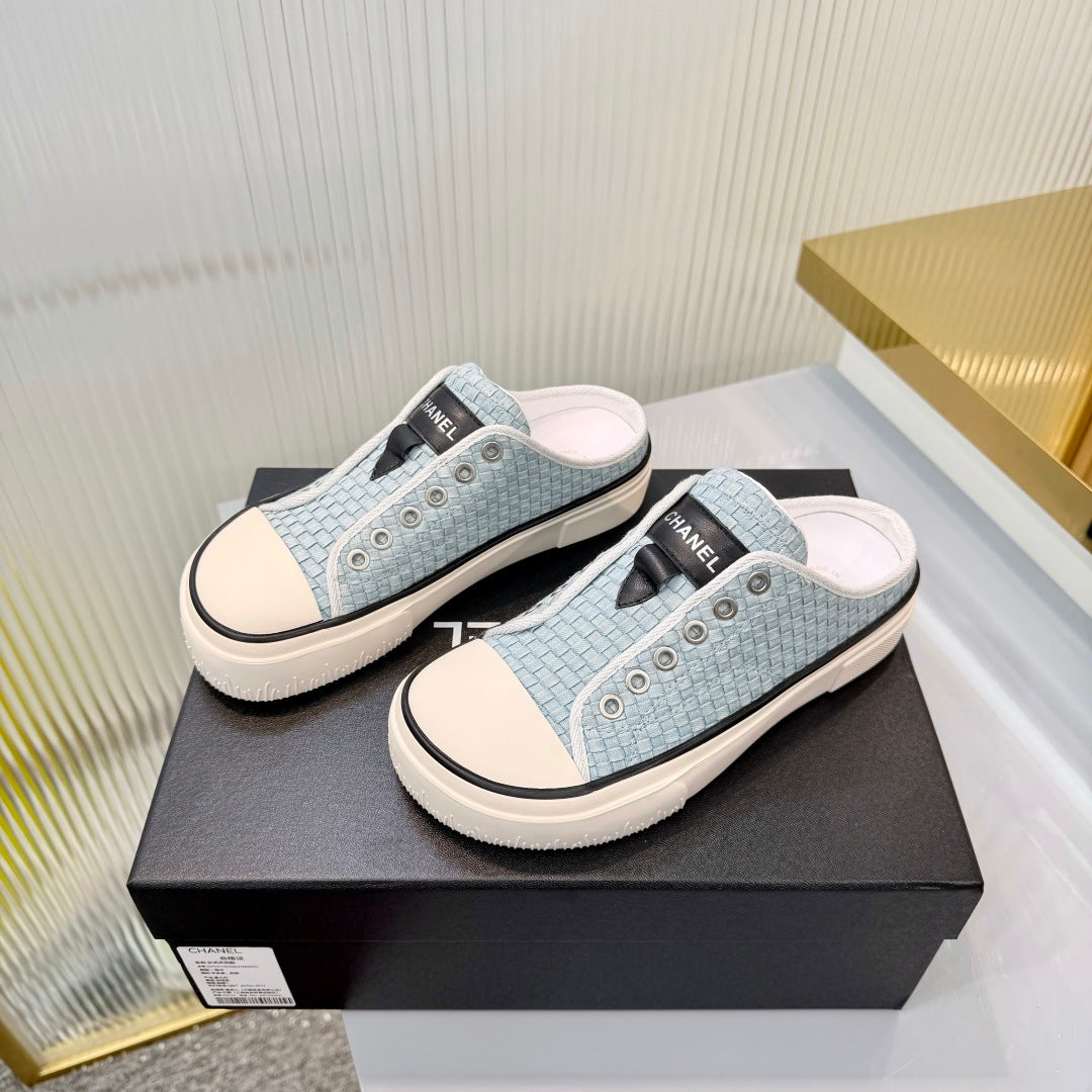 CHANEL 26S MULE SNEAKERS IN LIGHT BLUE WOVEN FABRIC