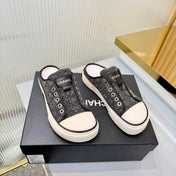 CHANEL 26S MULE SNEAKERS IN GREY DIAMOND-PATTERNED WOVEN DENIM FABRIC