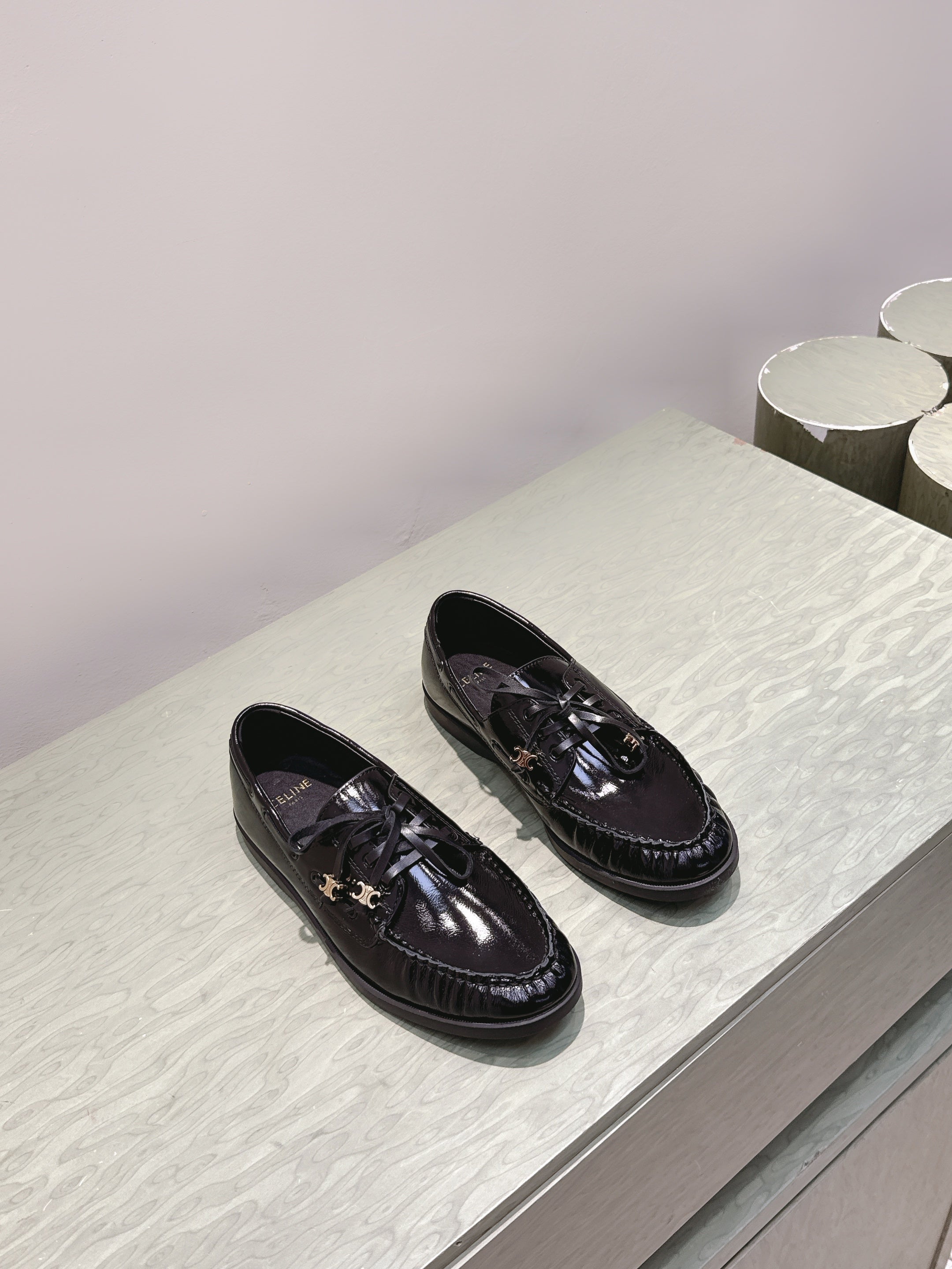 CELINE 26S LACE-UP LOAFERS IN BLACK GLOSSY CALFSKIN