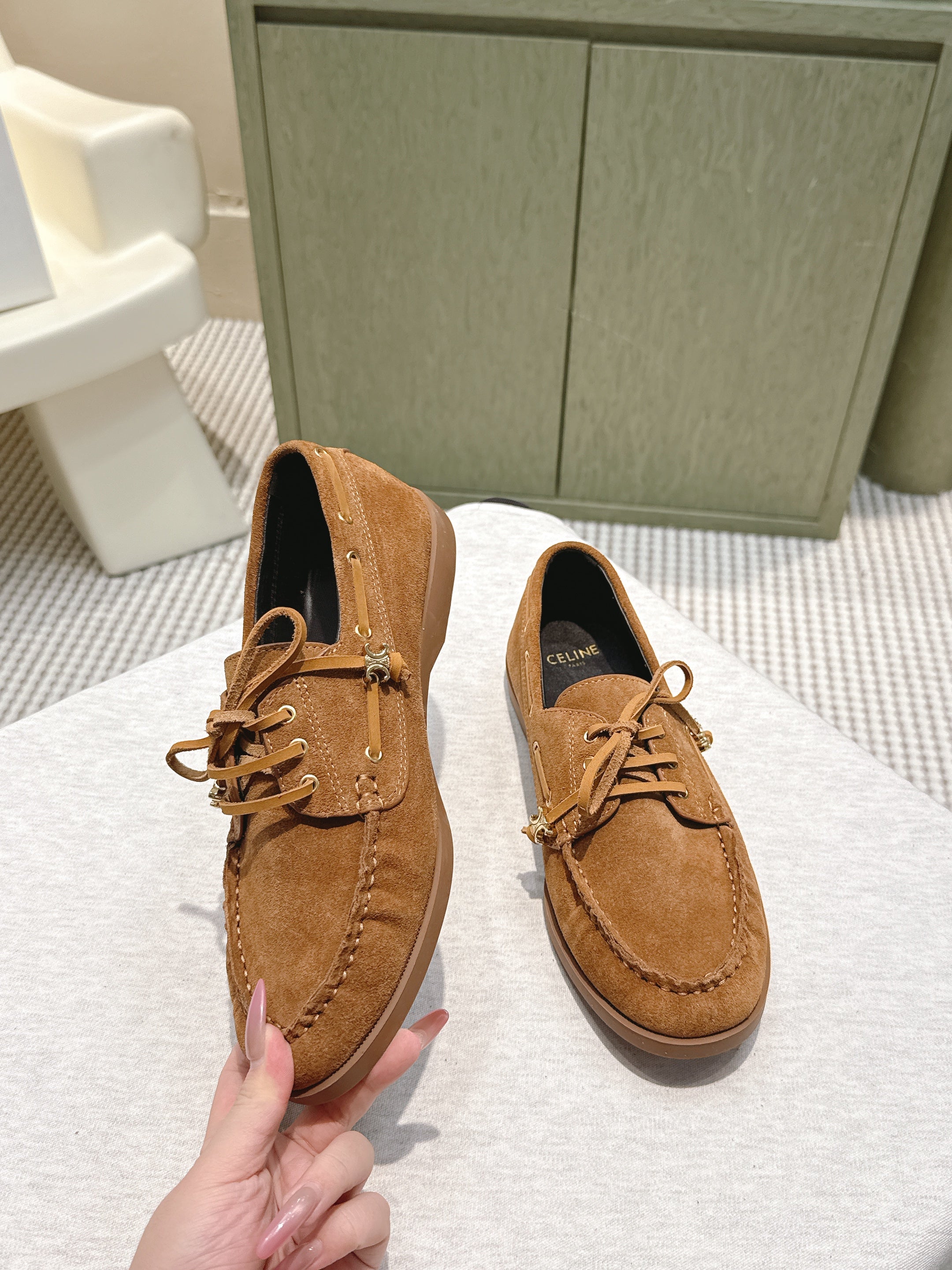 CELINE 26S LACE-UP LOAFERS IN BROWN SUEDE