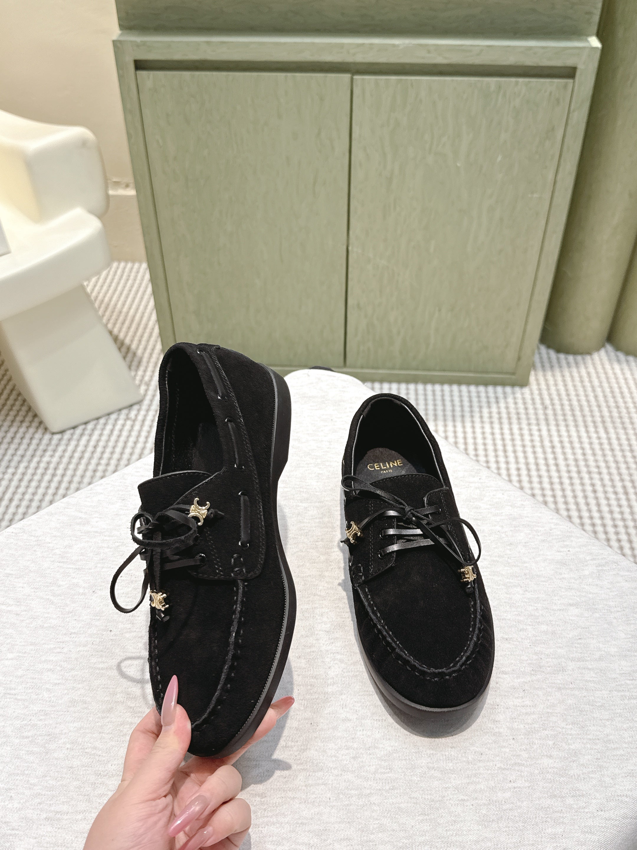 CELINE 26S LACE-UP LOAFERS IN BLACK SUEDE