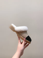 CHANEL 25S FUR-LINED MULES IN BEIGE AND BLACK SUEDE