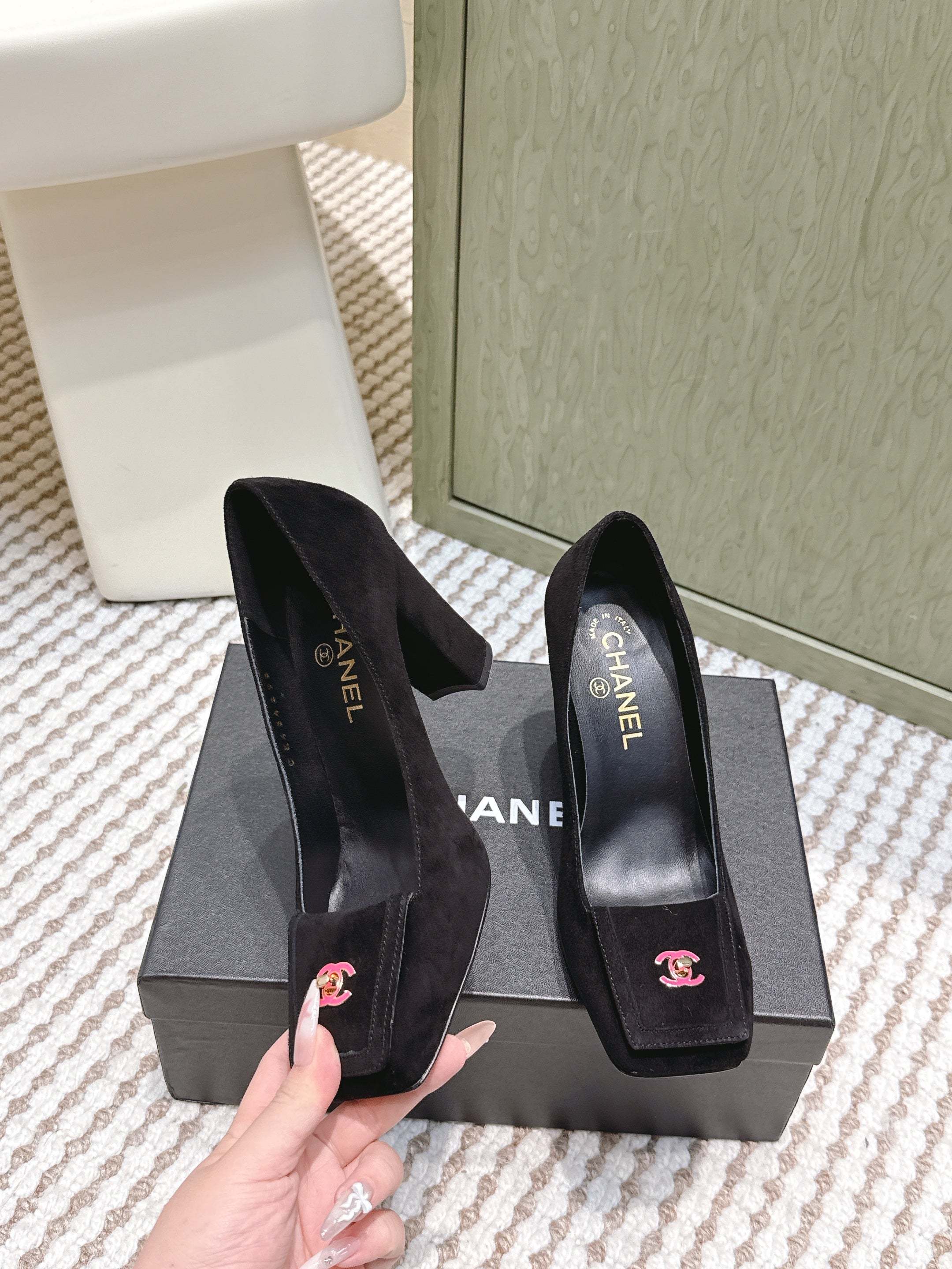 CHANEL 25S SLINGBACK SHOES 90MM IN BLACK SUEDE SQUARE TOE PINK HARDWARE