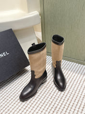 CHANEL 25S MID-CALF BOOTS IN TAN BROWN SUEDE MIX BLACK CALFSKIN