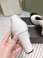 CHANEL 25S SQUARE-TOE HIGH HEELS 90MM IN WHITE AND BLACK CALFSKIN