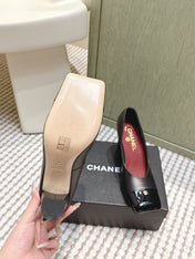 CHANEL 25S SQUARE-TOE HIGH HEELS 90MM IN BLACK CALFSKIN