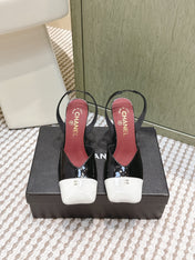 CHANEL 25S HIGH-HEELED SQUARE-TOE SLINGBACK 90MM IN BLACK AND WHITE CALFSKIN
