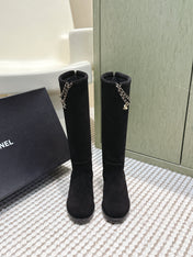 CHANEL 25S KNEE-HIGH BOOTS IN BLACK SUEDE GOLD HARDWARE