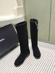 CHANEL 25S KNEE-HIGH BOOTS IN BLACK SUEDE GOLD HARDWARE