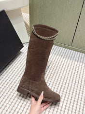 CHANEL 25S KNEE-HIGH BOOTS IN DARK BROWN SUEDE GOLD HARDWARE