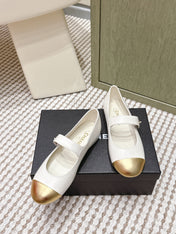CHANEL 25S MARY JANE FLAT IN WHITE LAMBSKIN WITH YELLOW CAP TOE GOLD HARDWARE
