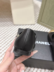 CHANEL 25S MARY JANE FLAT IN BLACK LAMBSKIN WITH YELLOW CAP TOE GOLD HARDWARE