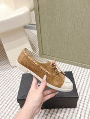 CHANEL 25S MOCCASINS IN BROWN AND LIGHT GREY SUEDE