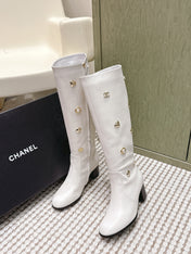 CHANEL 25S KNEE-HIGH BOOTS IN WHITE CALFSKIN WITH RHINESTONES