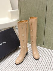 CHANEL 25S KNEE-HIGH BOOTS IN BEIGE CALFSKIN WITH RHINESTONES