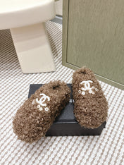 CHANEL 25S CLASSIC FURRY SLIDES IN BROWN WITH DOUBLE C LOGO