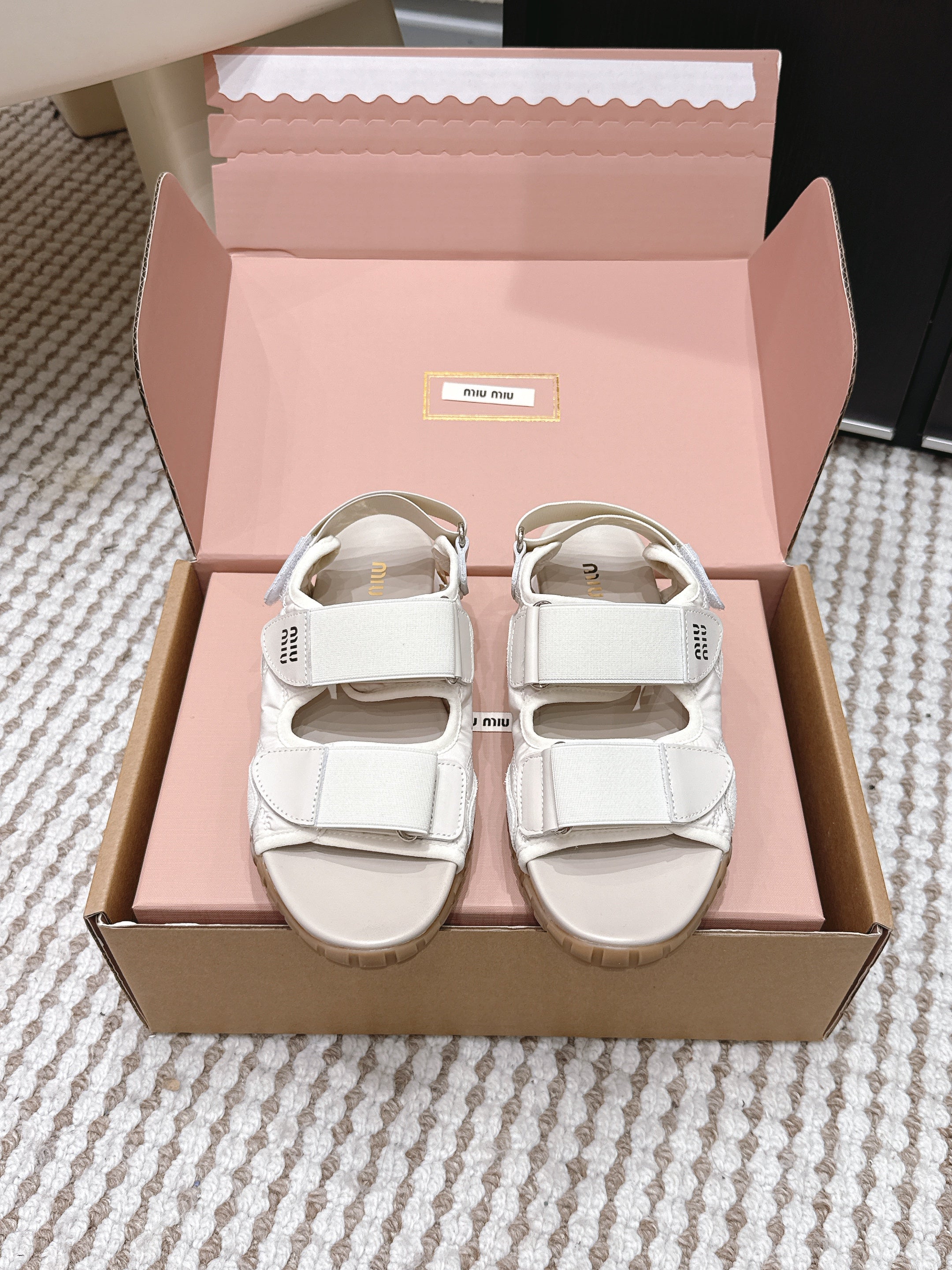 MIUMIU 26S VELCRO SANDALS IN CREAM WHITE CALFSKIN AND NYLON SILVER HARDWARE