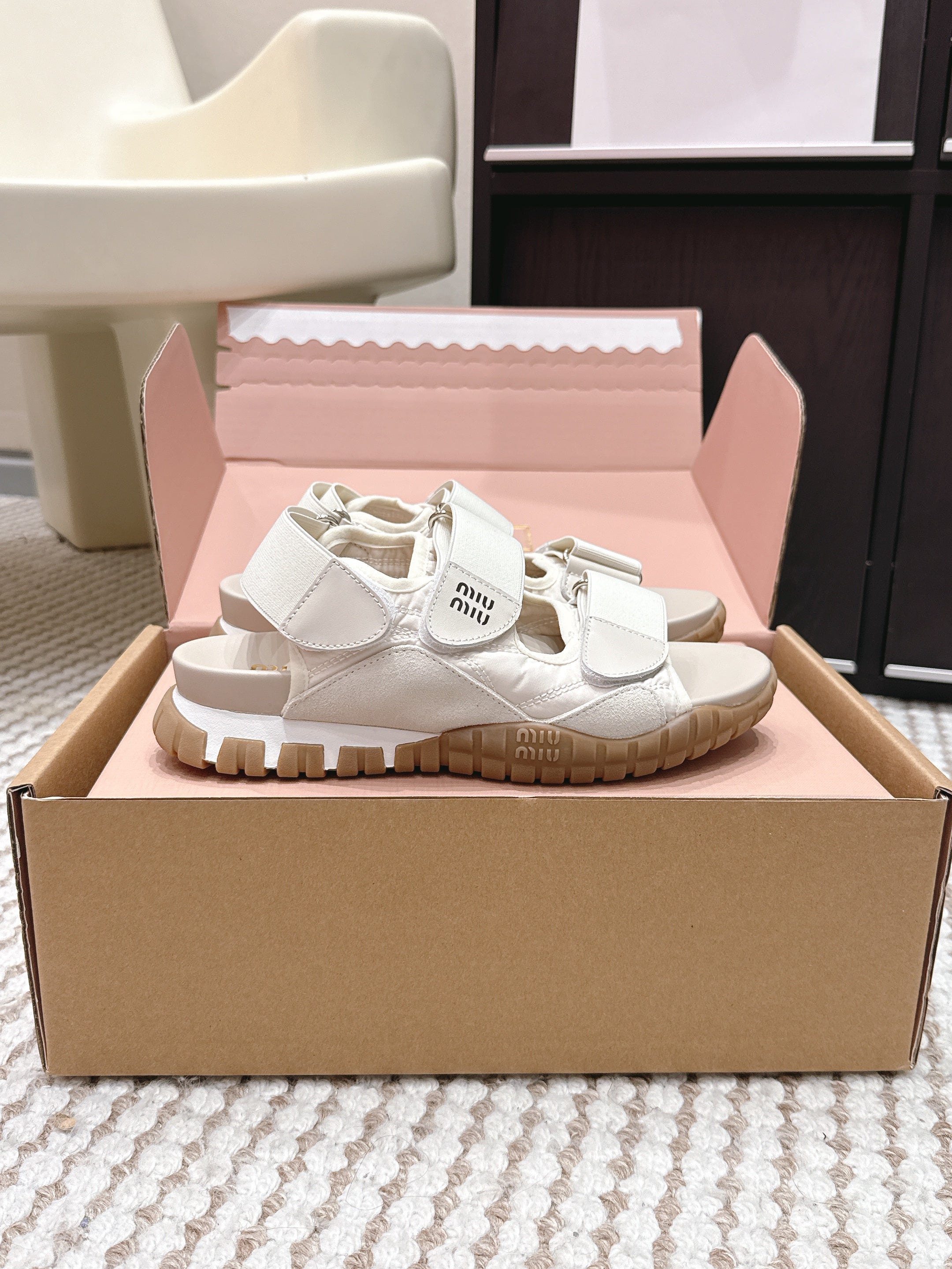 MIUMIU 26S VELCRO SANDALS IN CREAM WHITE CALFSKIN AND NYLON SILVER HARDWARE