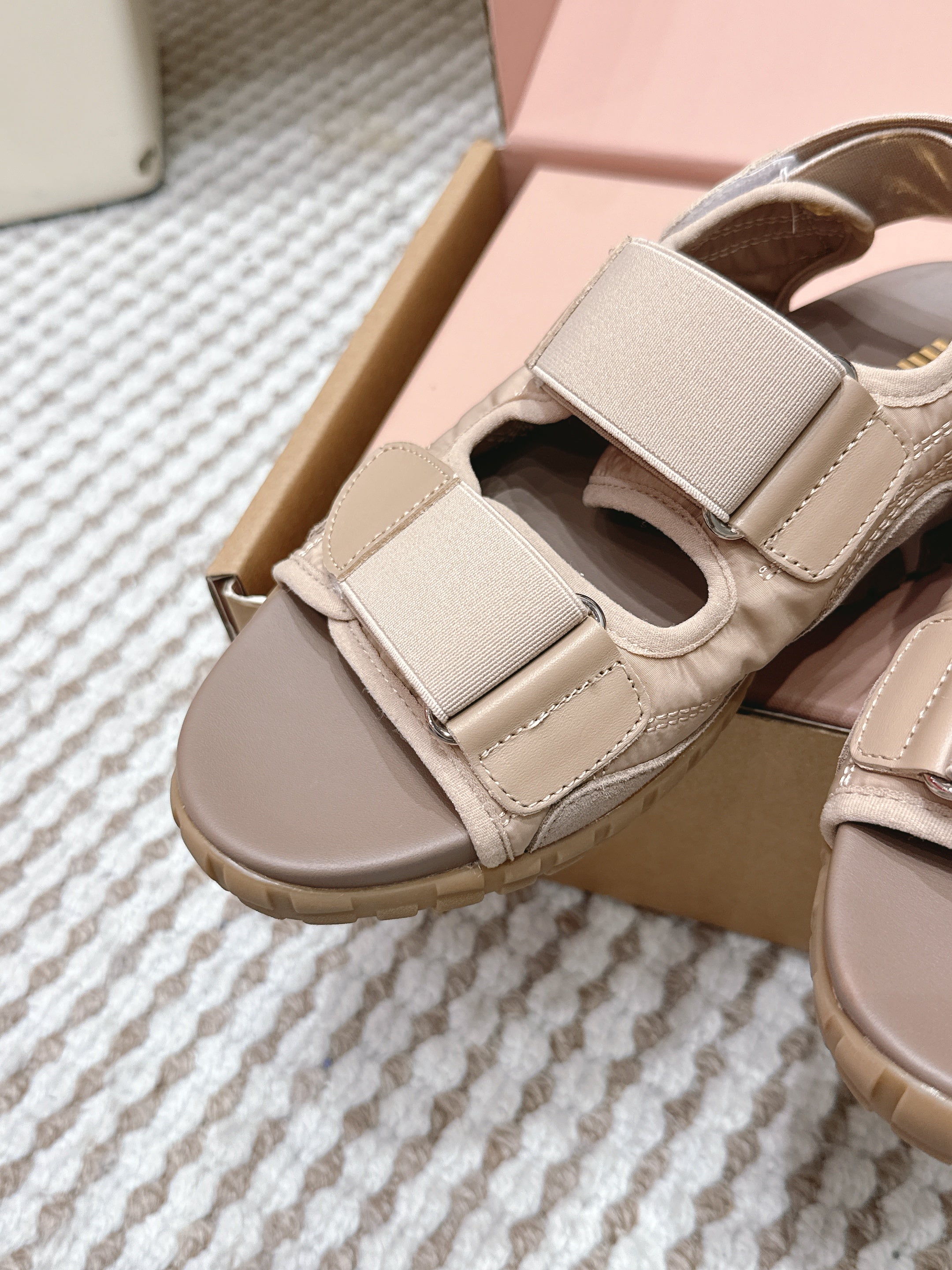 MIUMIU 26S VELCRO SANDALS IN LIGHT BROWN CALFSKIN AND NYLON SILVER HARDWARE