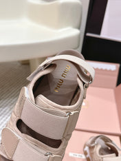 MIUMIU 26S VELCRO SANDALS IN LIGHT BROWN CALFSKIN AND NYLON SILVER HARDWARE